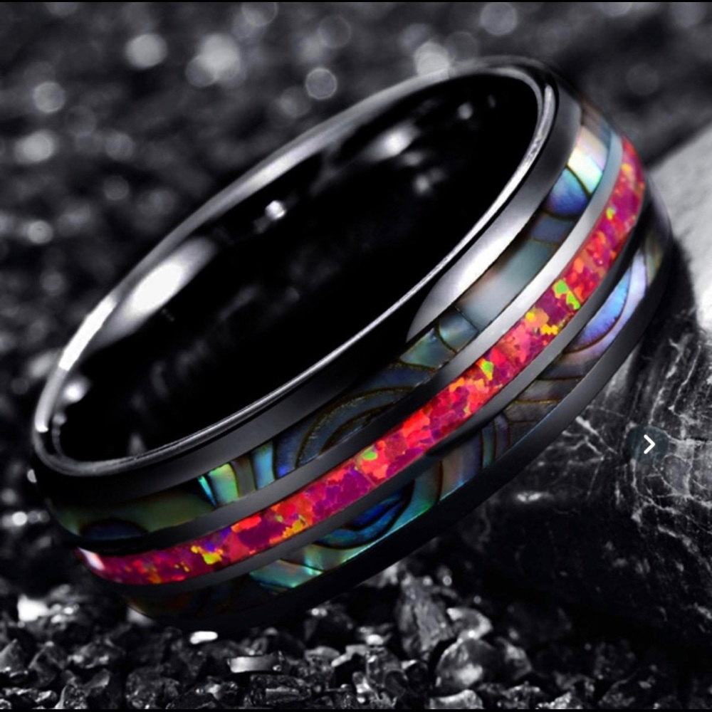 MENS WEDDING RED FIRE OPAL BLUE ABALONE TITANIUM SIZE 9